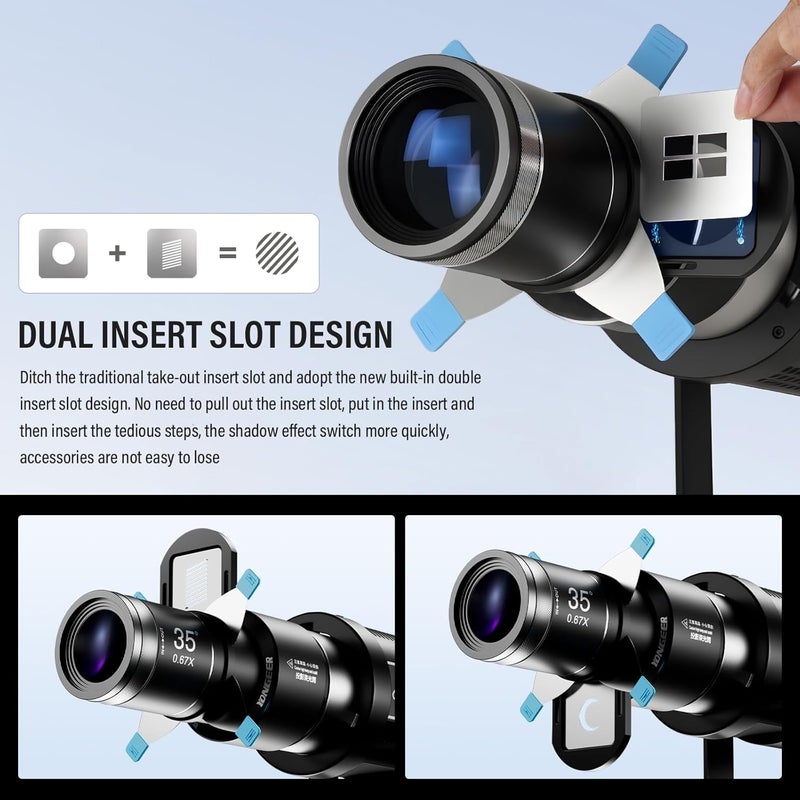 soonpho Bowens Mount Projector Attachment with Dual Magnetic GOBO Frame 4 Shutters,Optical Snoot Photography Kit for COB LED Light Compatible with Aputure Amaran Godox Neewer,4 Color Filters & 25 Gobos - Image 2